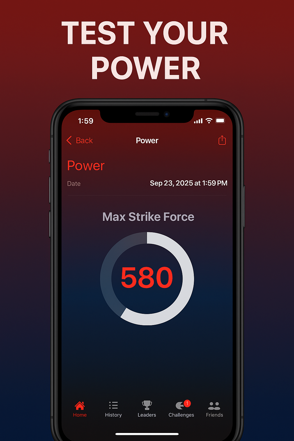 Power mode screen showing max strike force with Apple Watch readout